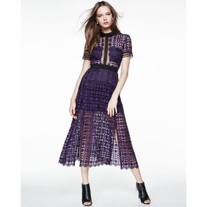 Self-Portrait Short-Sleeve Guipure-Lace Midi Dress in Purple 6